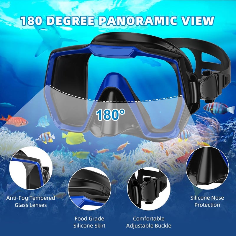 Honlanor Snorkel Set Adults Snorkeling Gear Anti-Leak and Anti-Fog Tempered Glass Lens Panoramic View Swim Mask Dry Top Snorkel Kit for Snorkeling Scuba Diving Swimming Travel with Carry Bag - Image 4
